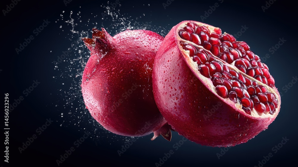 Dynamic capture of a pomegranate split, showcasing vibrant liquid explosion against a dark backdrop, epitomizing freshness and nutrition.