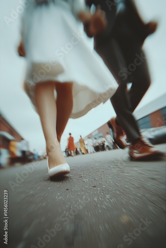 Bride and groom running hand in hand in motion blur effect for use in dynamic wedding photography promotions, elopement blog articles, romantic story visuals, or bridal campaign materials.