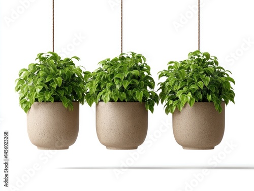 Obraz na płótnie Decorative hanging plants with intricate foliage in neutral pots, perfect for eco-friendly branding and home decor accents. w salonie