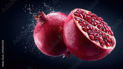 Obraz na płótnie Dynamic capture of a pomegranate split, showcasing vibrant liquid explosion against a dark backdrop, epitomizing freshness and nutrition. w salonie