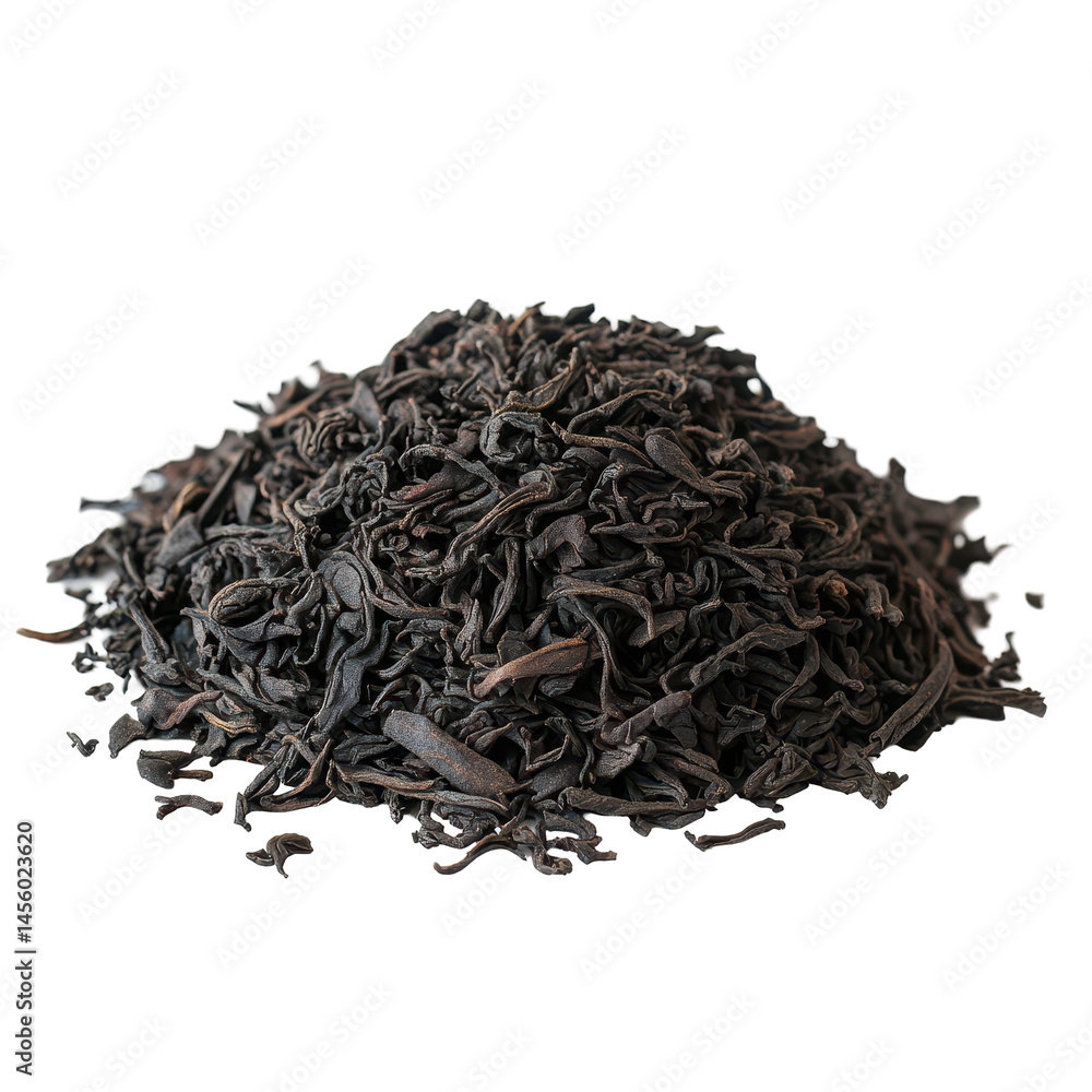 High-quality loose black tea leaves stacked in an organic heap ready for brewing and enjoying in a cozy setting High-quality loose black tea leaves stacked in an organic heap ready for brewing and enjoying in a cozy setting