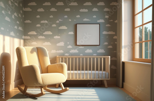 Mockup poster frame in cozy baby nursery with cloud wallpaper, rocking chair, wooden crib, soft natural light, minimalist decor