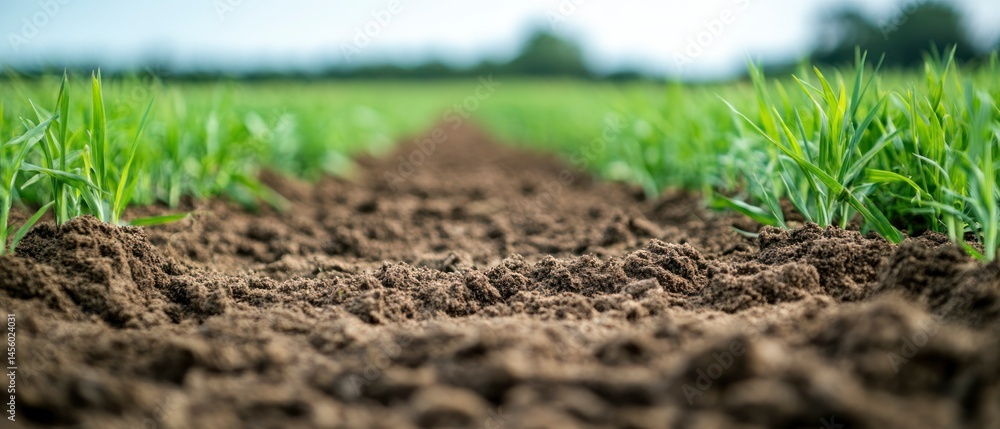 Fototapeta premium Seedlings thrive in cultivated soil within agricultural field, symbolizing growth.