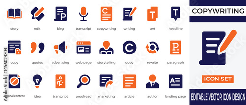 A modern and minimal icon set representing key elements of copywriting and content creation. Includes icons for writing, blogging, editing, storytelling and more  ideal  for websites, apps
