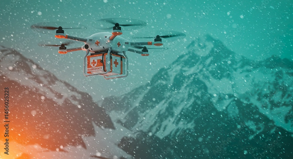 Fototapeta premium Drone delivering emergency medical supplies in snowy mountain area