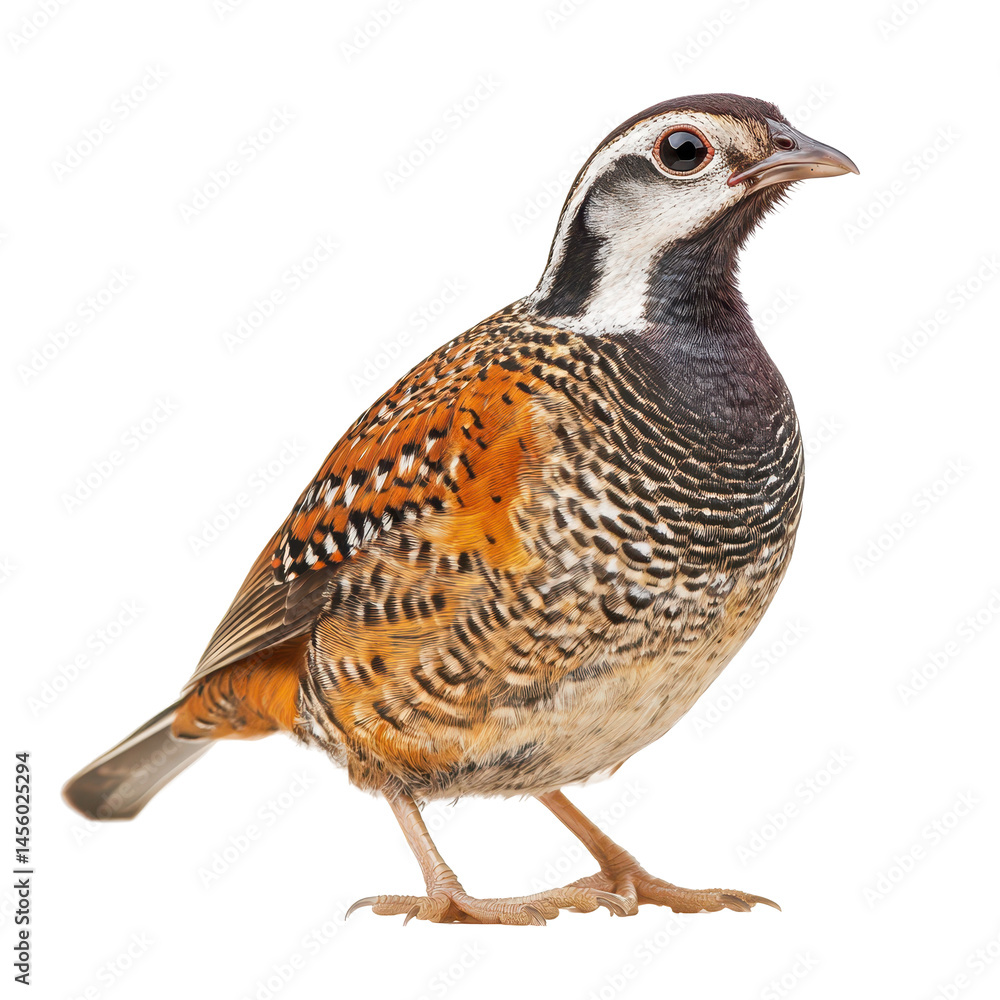 Colorful quail standing on white background showcasing its distinct plumage and features in a natural pose Colorful quail standing on white background showcasing its distinct plumage and features in a natural pose