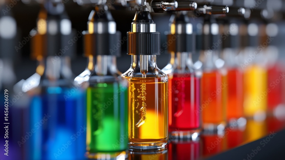 A row of colorful bottles with a clear liquid inside