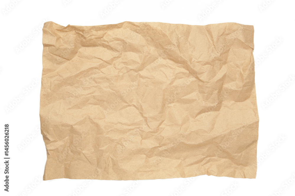 Crumpled piece of beige parchment or baking paper isolated on white background. Copy space for text and design element. Crumpled piece of beige parchment or baking paper isolated on white background. Copy space for text and design element.
