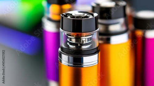 A row of colorful vape containers sit on a table