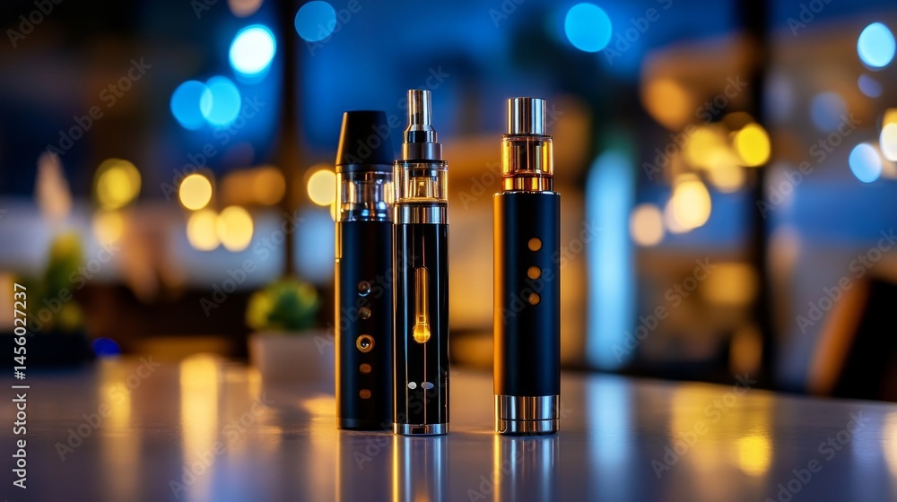 Three vapes are on a table, with one of them being a black one