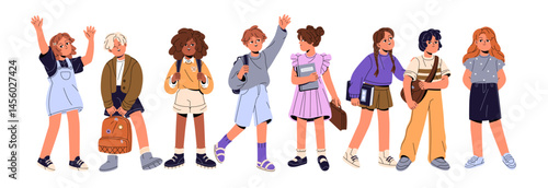 Back to school concept. Happy students are greeting, waving hands together. Group of elementary education pupils rejoices, welcomes, says hello. Flat isolated vector illustration on white background
