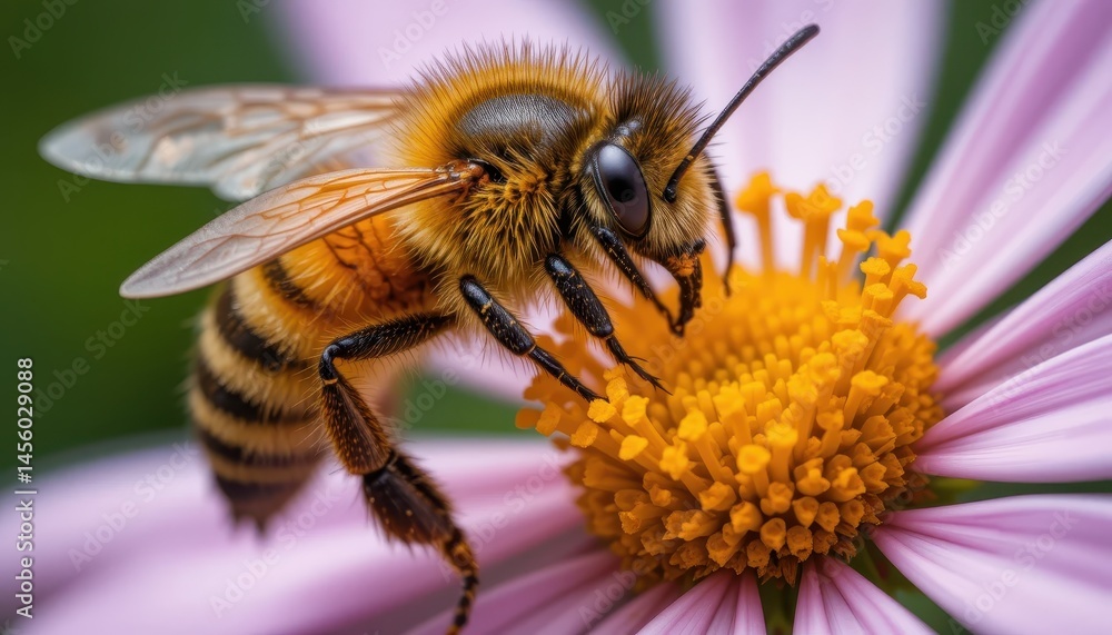 Close-Up of a Honeybee Collecting Nectar from a Pink Flower, showcasing its intricate details and pollen-laden legs. Close-Up of a Honeybee Collecting Nectar from a Pink Flower, showcasing its intricate details and pollen-laden legs.