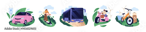 Eco clean green vehicle set. Electric public transport, electro cars, modern scooters and bikes on sustainable energy. People drive and save ecology. Flat isolated vector illustrations on white