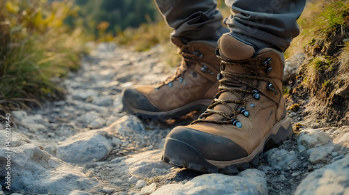 Close Up of Hiking Boots on Rocky Mountain Trail on a Sunny Day in Brown and Gray Colors With Natural Lighting and Outdoor Scenery With Grass