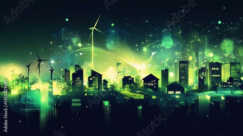 Abstract cityscape with green energy wind turbines and glowing lights in the night