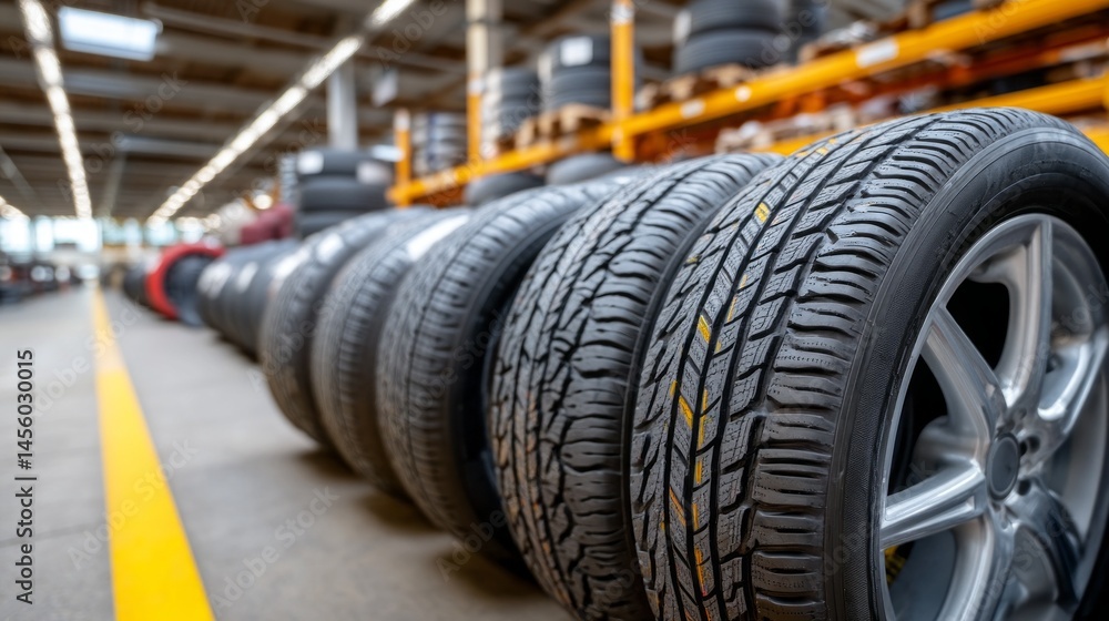 Fototapeta premium Multiple rows of new car tires are neatly arranged in a warehouse. The spacious interior allows for easy access to products and efficient movement within the facility