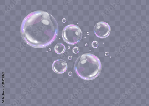 Colorful soap bubbles on a transparent background. Bright, dreamy bubbles with a rainbow gradient effect. Realistic soap bubble element vector set. Vector