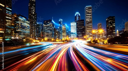A city at night with a highway in the middle