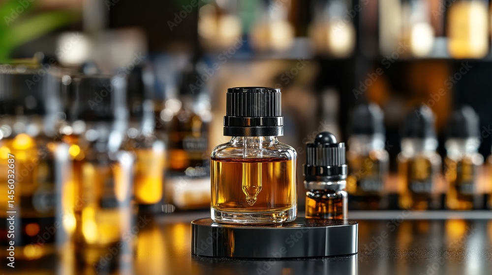 A bottle of perfume is on a table next to other bottles