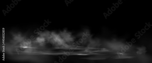 White smoke or fog flow on floor. Large mist in dark room on black background. Smoke on stage studio