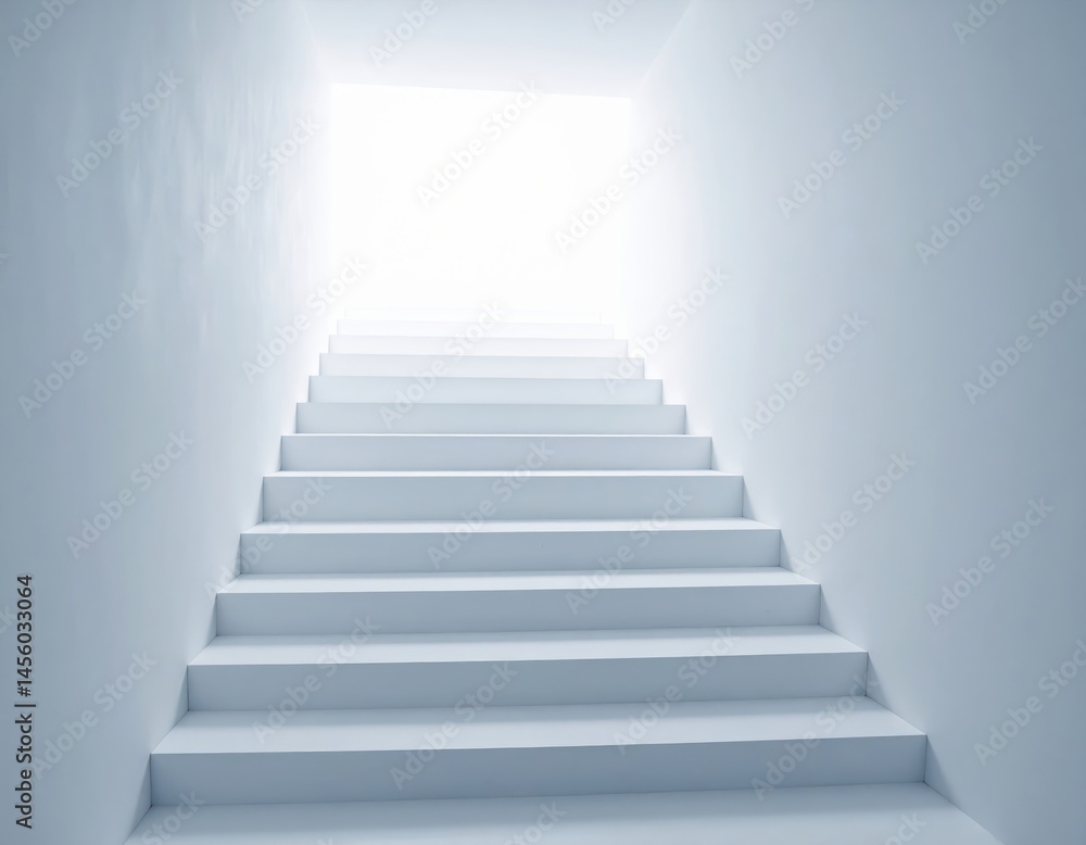 Fototapeta premium A white staircase ascends toward a bright, glowing light, creating a minimalist and ethereal atmosphere.