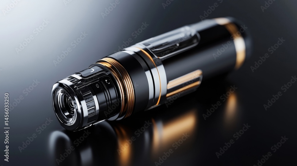A close up of a black and gold vape