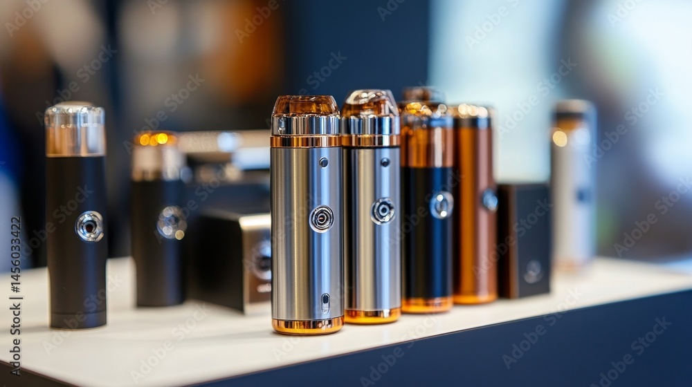 A row of vape bottles are displayed on a table