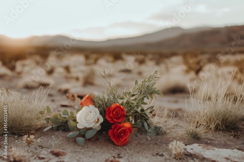 Red and white roses with green leaves creating a romantic atmosphere in a desert landscape during sunset