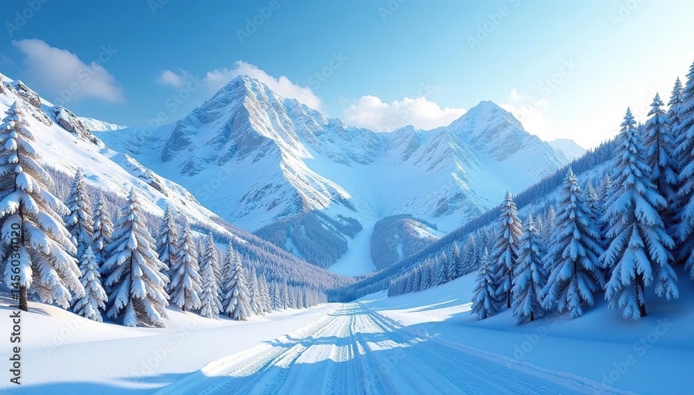 Fototapeta premium Snowy mountain range with winter sports infrastructure, competition venue, freestyle skiing, frosted