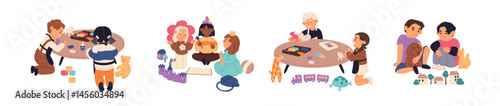 Set of kids play with toys together. Happy children have fun in kindergarten. Cute little boys and girls communicate in daycare, nursery. Flat isolated vector illustrations on white background