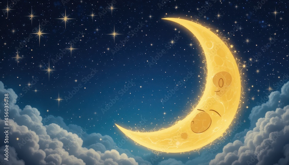 Fototapeta premium Whimsical Smiling Crescent Moon in Sparkling Night Sky A Cute Celestial Illustration