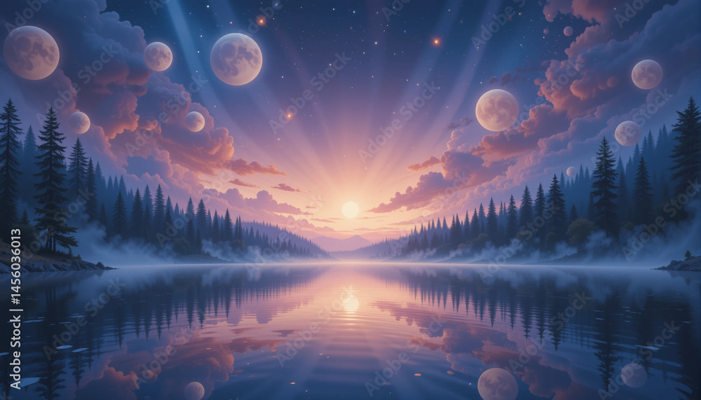 Obraz premium Fantasy landscape with soft clouds and multiple moons over a tranquil lake at sunset