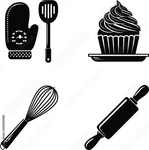 Set of Four Baking and Kitchen Tool Silhouettes Featuring an Oven Mitt with a Spatula, a Frosted Cupcake on a Plate, a Whisk, and a Rolling Pin | Culinary Essentials Representation in Black and White 