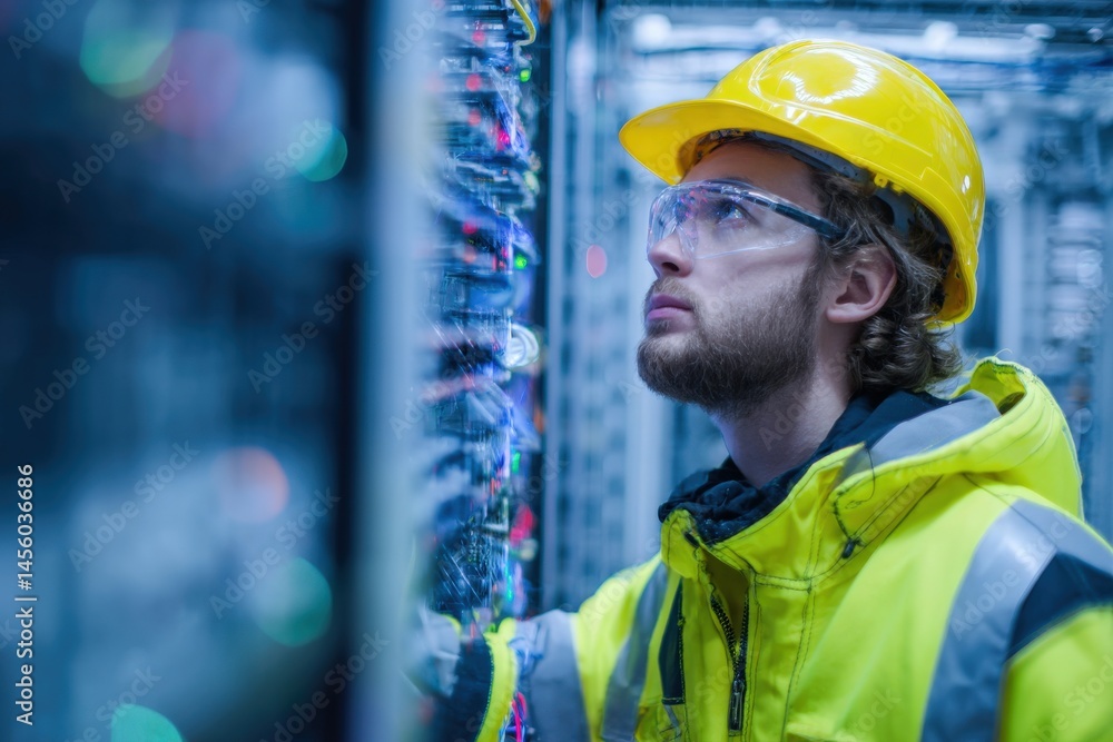 Focused male technician inspects server equipment. Focused male technician inspects server equipment.