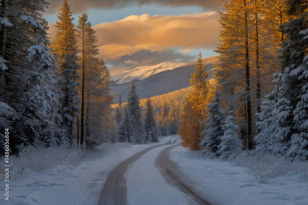 Winding snow covered road meandering through a dense pine forest, bathed in the warm glow of a sunset over snow capped mountains Winding snow covered road meandering through a dense pine forest, bathed in the warm glow of a sunset over snow capped mountains