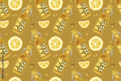 Seamless Lemonade Citrus Bottle Pattern. Seamless pattern with yellow lemonade bottles and lemon slices on warm brown background. Flat cartoon style with refreshing citrus theme.