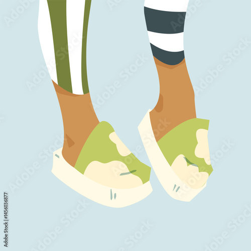 Cartoon Legs in Funny Slippers. Flat cartoon-style illustration of legs in mismatched striped socks and quirky green slippers. Playful design with casual summer feel.