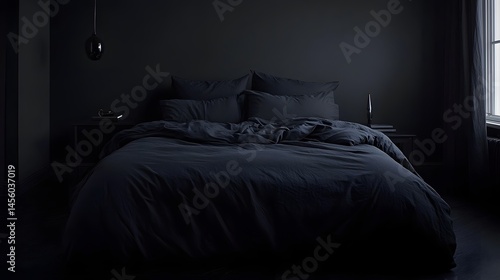 73. A black bedroom featuring dark bedding, a matte black bed frame, and subtle lighting for a calming atmosphere