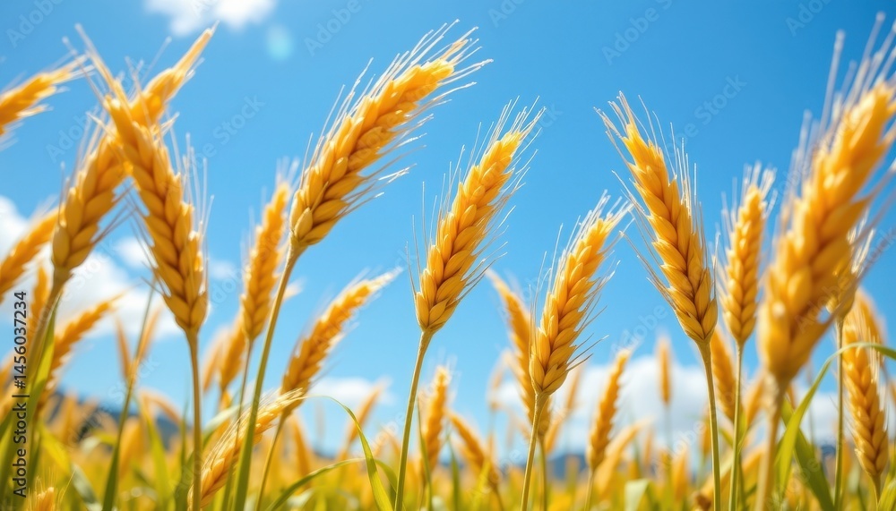 the illustration showcases a close up view of vibrant golden wheat ears swaying gently in a meadow under a clear blue sky, bathed in the warm glow of sunshine the illustration showcases a close up view of vibrant golden wheat ears swaying gently in a meadow under a clear blue sky, bathed in the warm glow of sunshine
