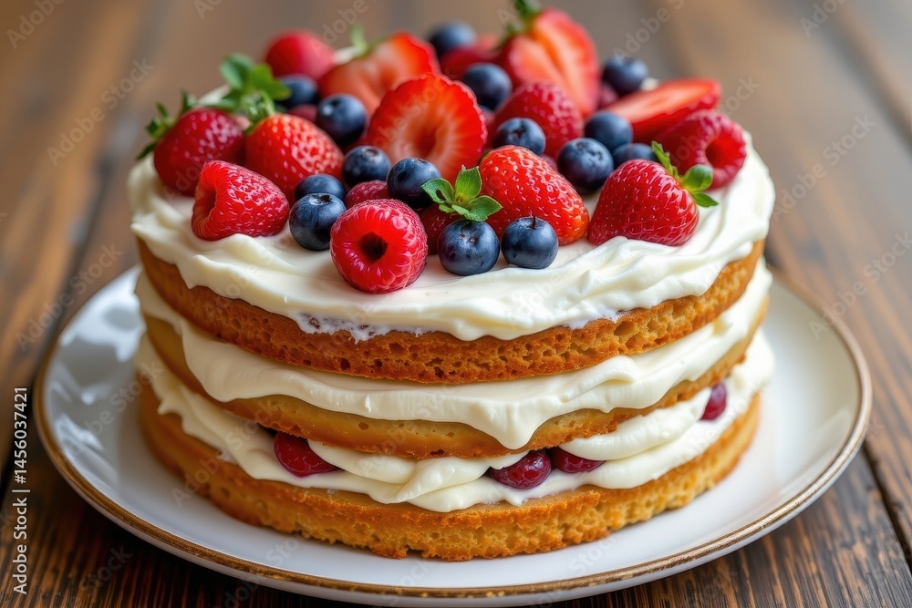 a moist vanilla cake layered with fluffy whipped cream and topped with a vibrant assortment of fresh berries, providing a perfect balance of sweetness and tartness. a moist vanilla cake layered with fluffy whipped cream and topped with a vibrant assortment of fresh berries, providing a perfect balance of sweetness and tartness.
