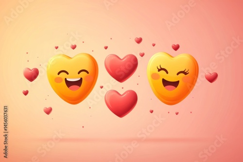 smiley emoji love triangle, admirer emojis floating hearts, vector design