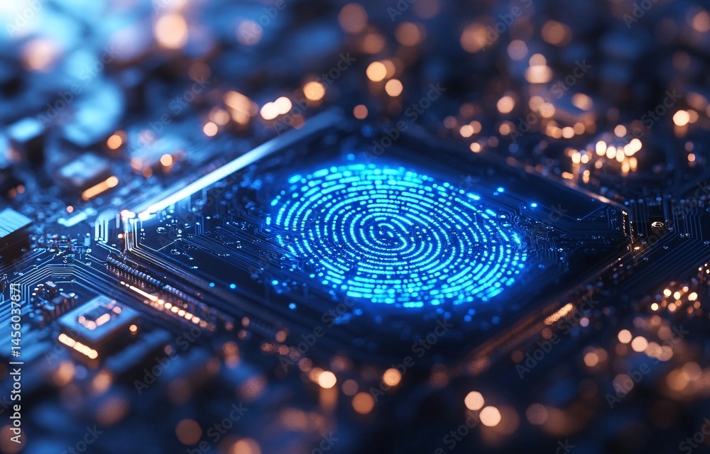 Fototapeta premium Digital fingerprint on illuminated blue circuit board