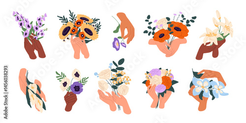 Set of female hands with wildflower bouquets. Women hold posies of different cut flowers, bunches of bloom meadow plants. Floral gift, decor. Flat isolated vector illustrations on white background