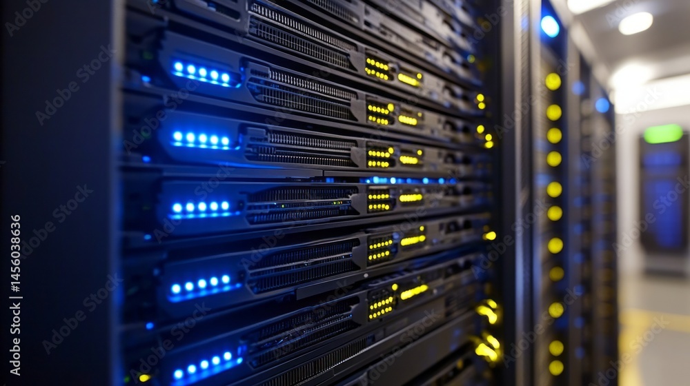 Close-up view of rows of server racks in a data center. Close-up view of rows of server racks in a data center.