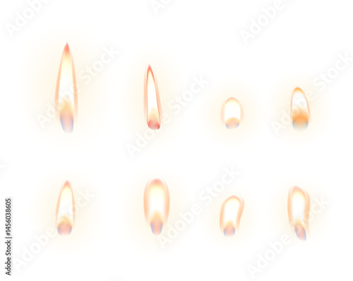 Realistic fire effects different intensity. Flame of candle, match, gas oven or heater. Isolated set burn wick, various flames vector clipart