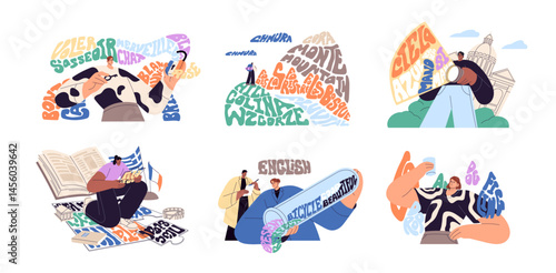 People are learning foreign languages concept set. Students study, translate from English, practice speaking on courses. Self education and development. Flat isolated vector illustrations on white