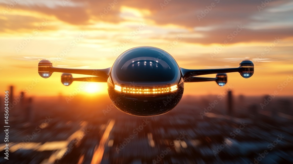 A futuristic airplane is flying through a city at sunset