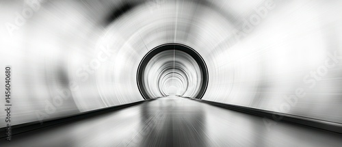 Metallic tunnel converges towards a distant light, creating a sense of depth and movement.