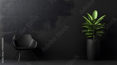 9. A black room with minimalistic black furniture, dark walls, and a small plant as the only touch of color