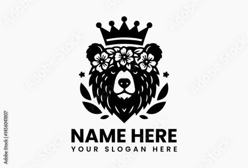 bear with abstract peony crown, modern vector logo for eco-luxury skincare and national parks  
